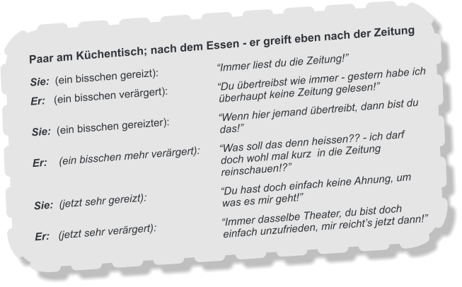 Paar am Küchentisch; nach dem Essen - er greift eben nach der Zeitung Sie:  (ein bisschen gereizt):		“Immer liest du die Zeitung!” Er:   (ein bisschen verärgert):		“Du übertreibst wie immer - gestern habe ich überhaupt keine Zeitung gelesen!” Sie:  (ein bisschen gereizter):		“Wenn hier jemand übertreibt, dann bist du das!” Er:    (ein bisschen mehr verärgert):	“Was soll das denn heissen?? - ich darf doch wohl mal kurz  in die Zeitung reinschauen!?” Sie:  (jetzt sehr gereizt):		“Du hast doch einfach keine Ahnung, um was es mir geht!” Er:   (jetzt sehr verärgert):		“Immer dasselbe Theater, du bist doch einfach unzufrieden, mir reicht’s jetzt dann!”